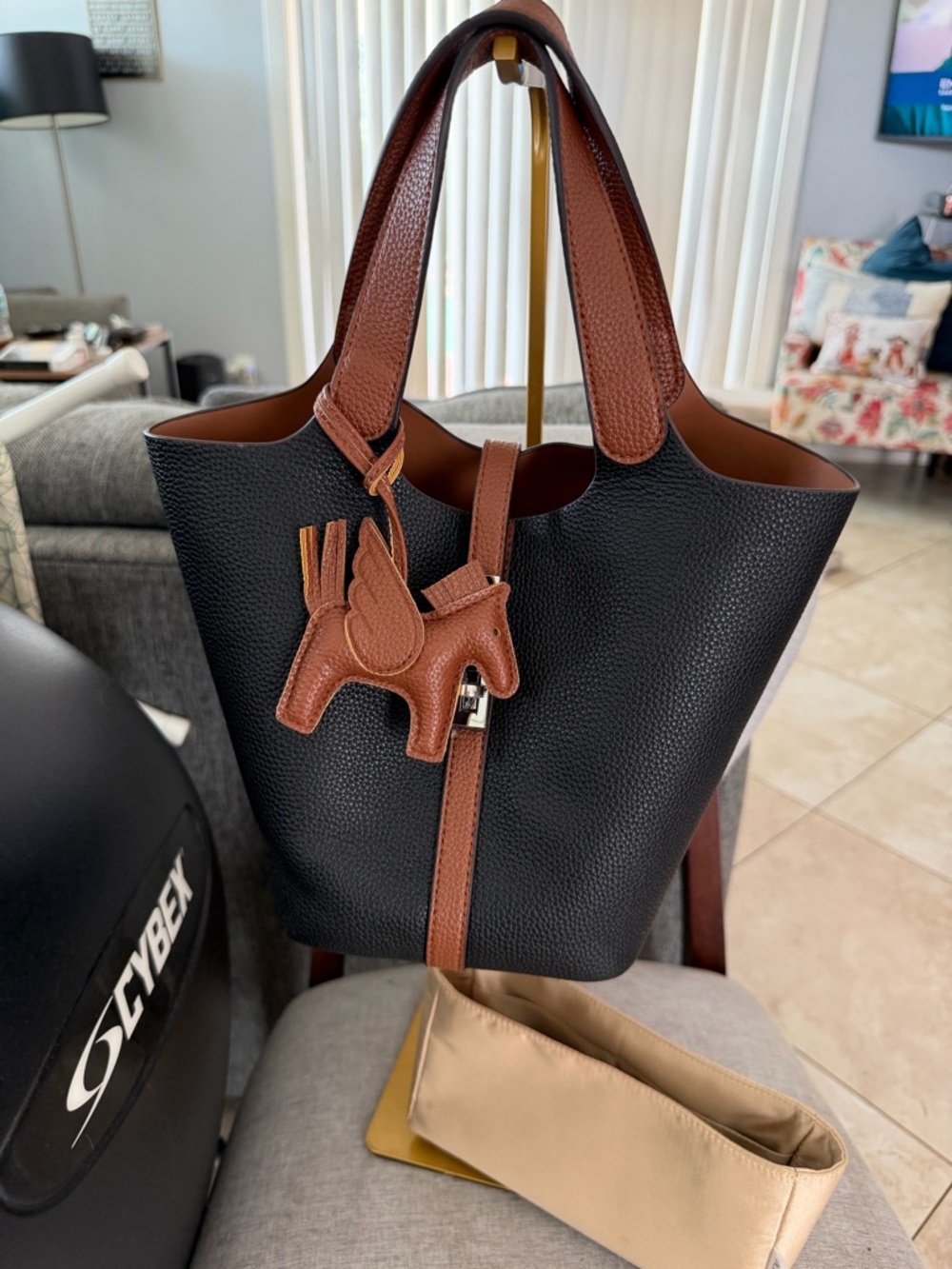 White Fox Boutique Black & Brown Leather Two-Tone Tote with Horse Charm